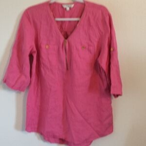 Company By Ellen Tracy 1/4 Zip Peony Pink Linen Tunic Relaxed Coastal Chic Large